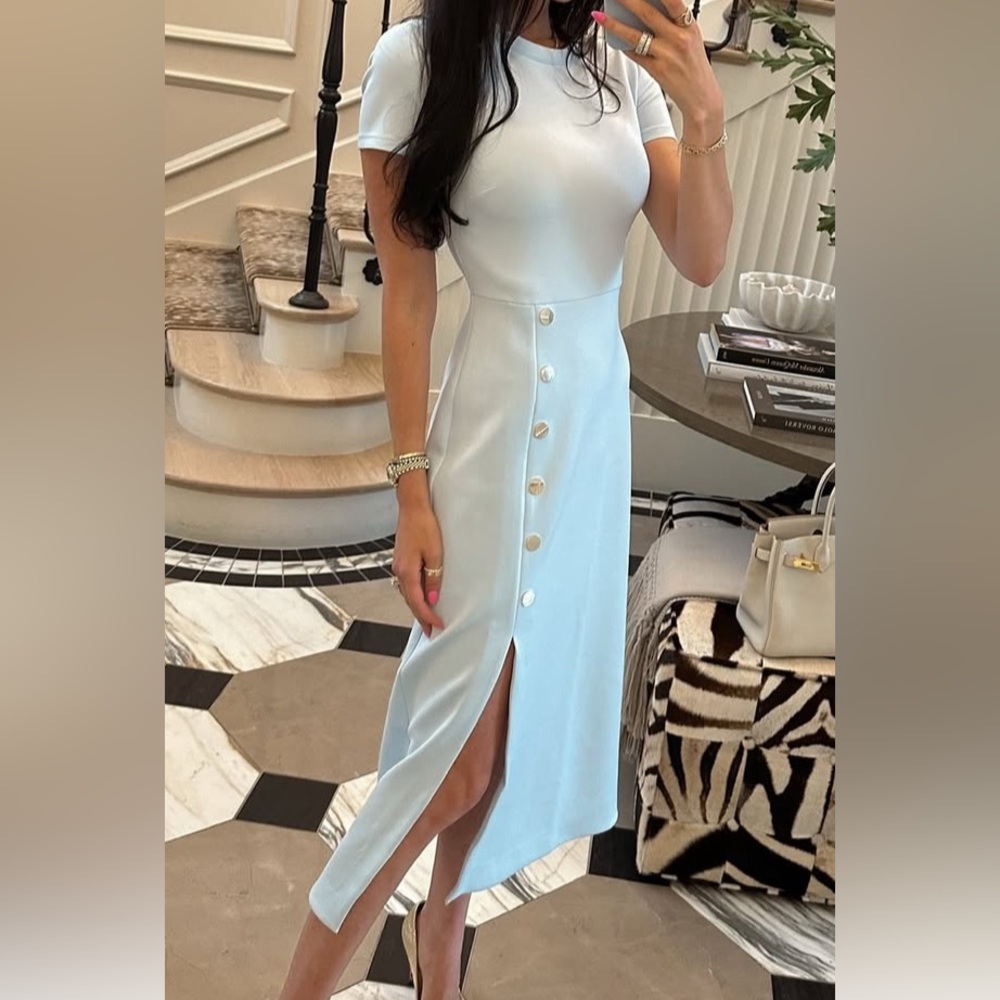 Elegant Light Blue Button-Down Midi Dress